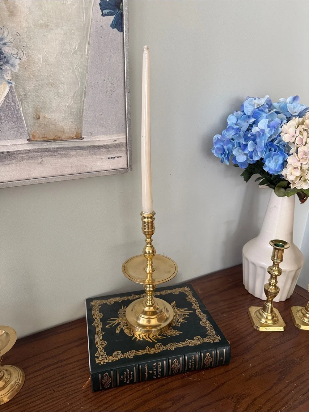 Vintage Brass Candlestick Holder with Circular Drip Tray  and Stepped Bell Base